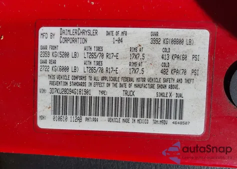 2004 Dodge Ram 2500 Slt/Laramie из США, поврежденный, VIN 3D7KU28D94G181901